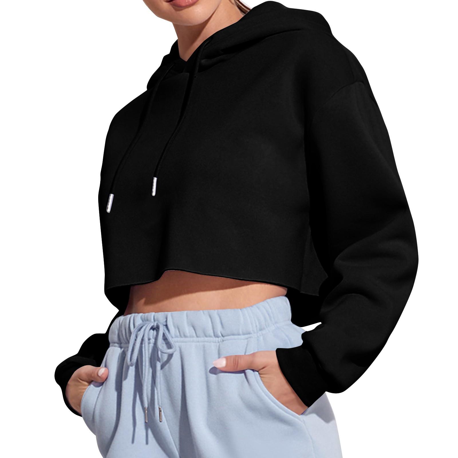 Women s Pullover Hooded Sweatshirt Color Long Sleeve Short Fashion Sweatshirt L чёрный