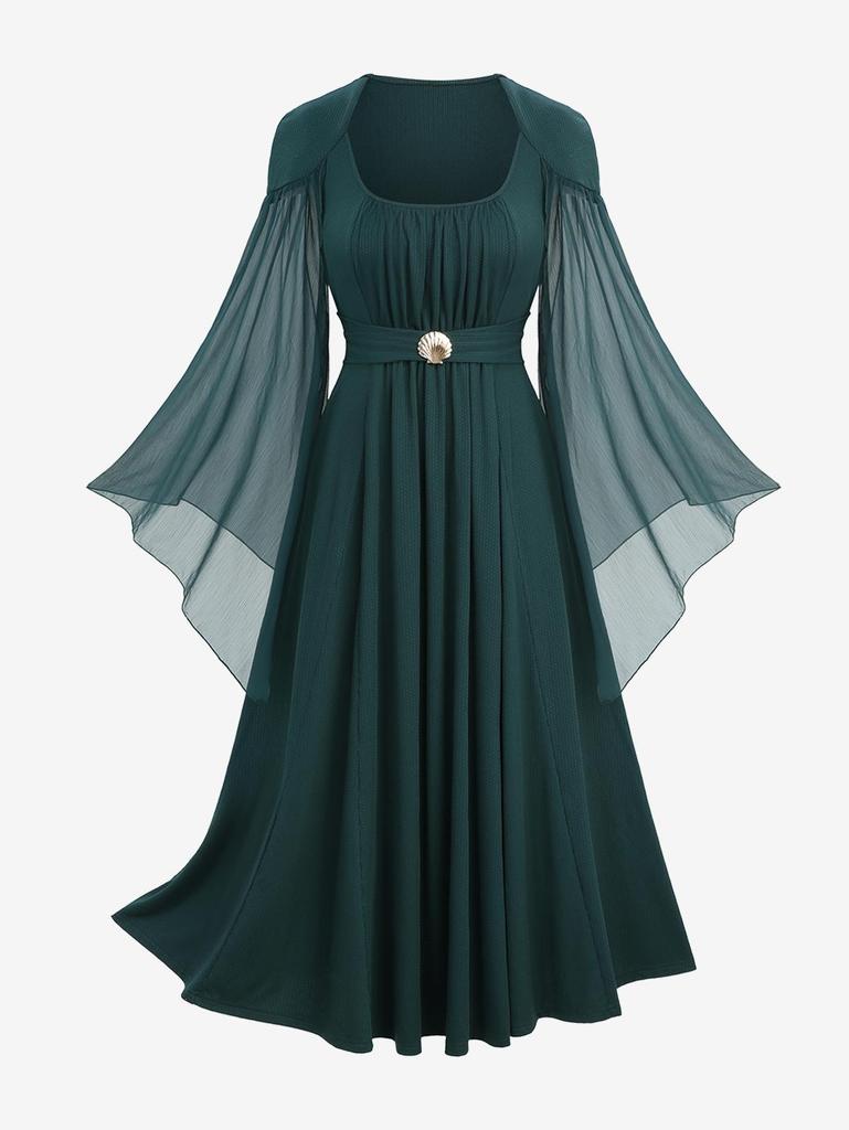 Rosegal Plus Size Shell Buckle Waist Ruched Panel Sheer Mesh Flare Sleeves Dress