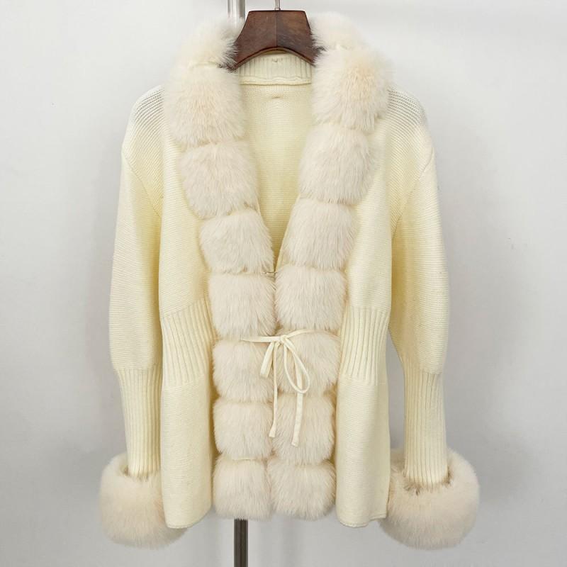 Damen Strickjacke mit Kunstfuchsfellkragen Kurzer Warmer Wollmischungs Pullover Büro Chic