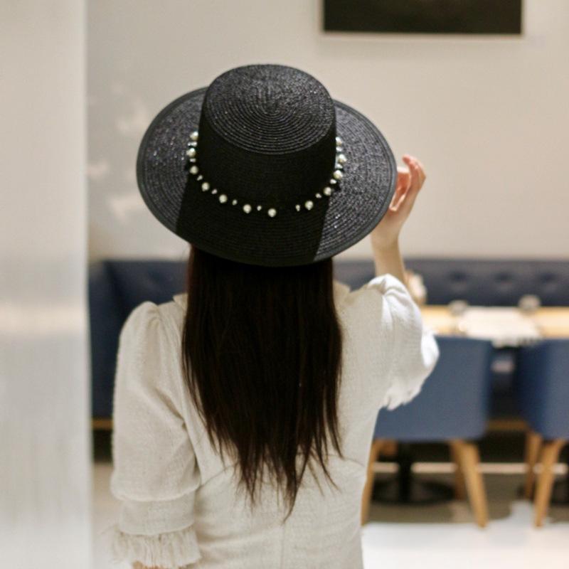 Export Foreign Trade Single Summer Female Japanese Black Flat Top Top Top Hat French Pearl Sunshade Holiday Beach Sun Straw Hat