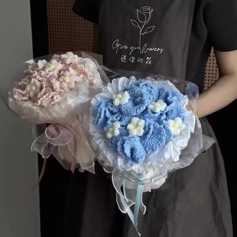 Crochet Flower Bouquet Hand Knitted Flowers Graduation Mother's Day Gift Bouquets Carnation Rose Wedding Decoration