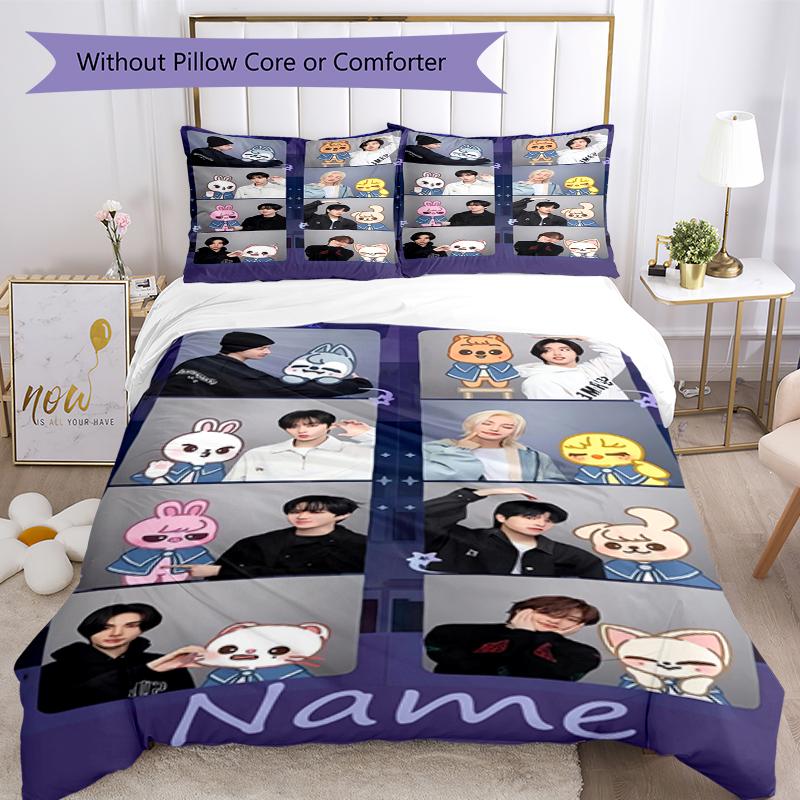 3-teiliges Bettwäsche-Set mit individuellem Namen von Stray Kids, Bettbezug mit Verschluss, beinhaltet 1 Bettbezug & 2 Kissenbezüge, Weich und bequem für alle Jahreszeiten.