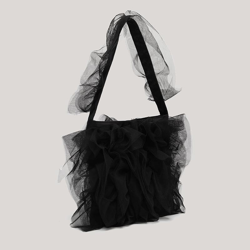 New Japanese sweet ballet mesh lace tulle pleated pearl splicing shoulder bag large-capacity women's bag