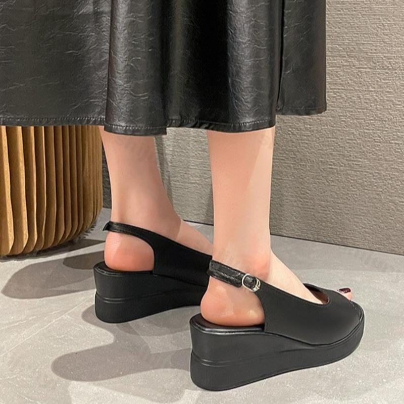 Fashion Women Sandals 2025 Summer Casual Peep Toe Sandals Thick Soled Slingback PU Leather Sandals Solid Chunky Shoes Sandalias Mujer