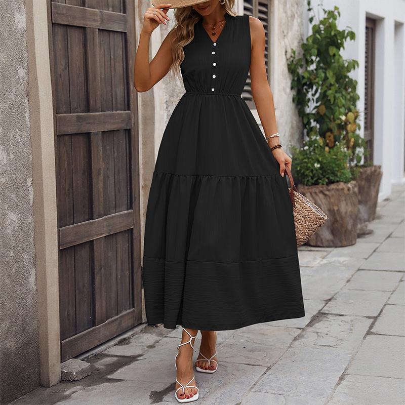 V-Neck Summer A-Word Skirt European And American Women'S Clothing Solid Color Sleeveless Stand-Up Collar Dress