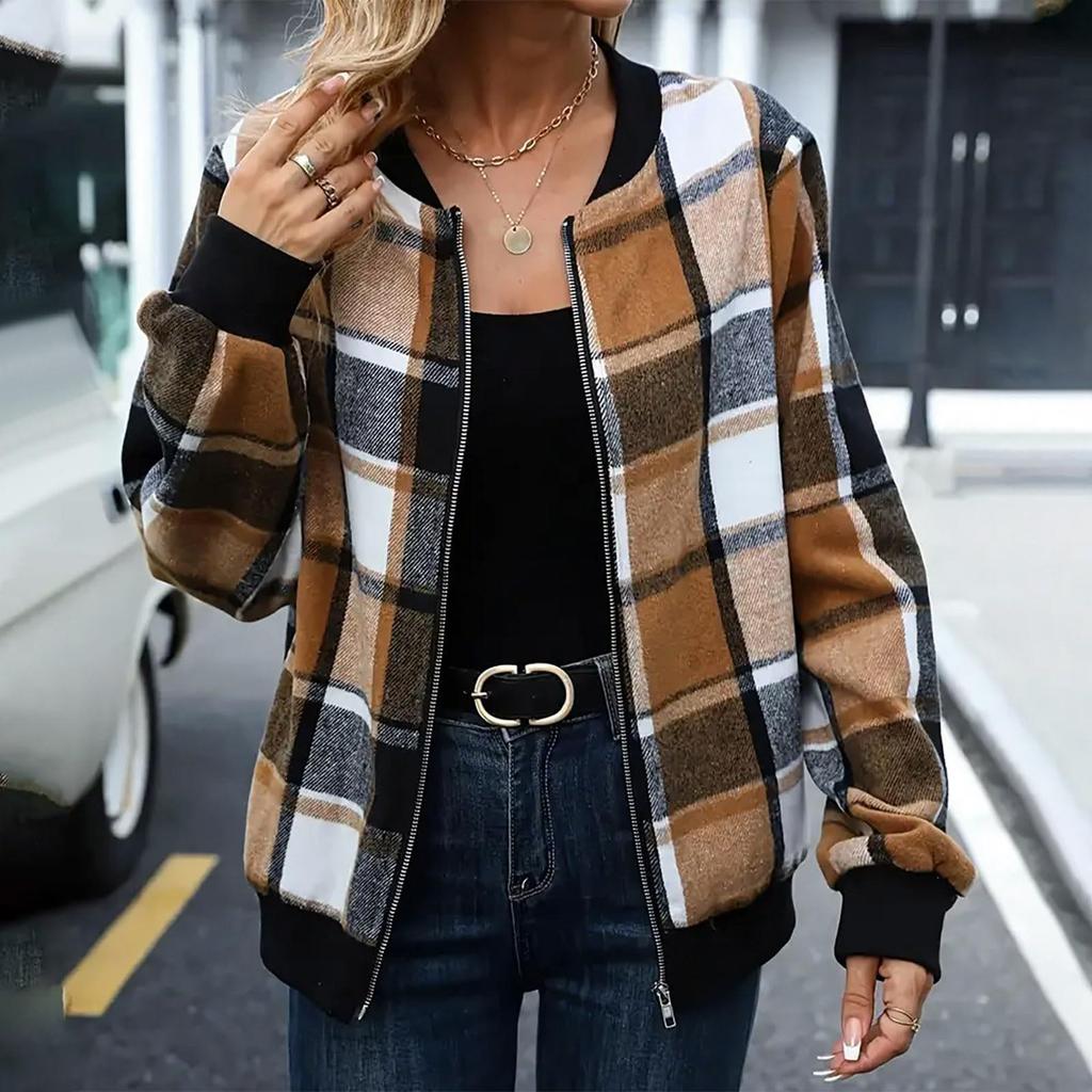 2025 Women's Plaid Zipper Baseball Jacket for Autumn/Winter