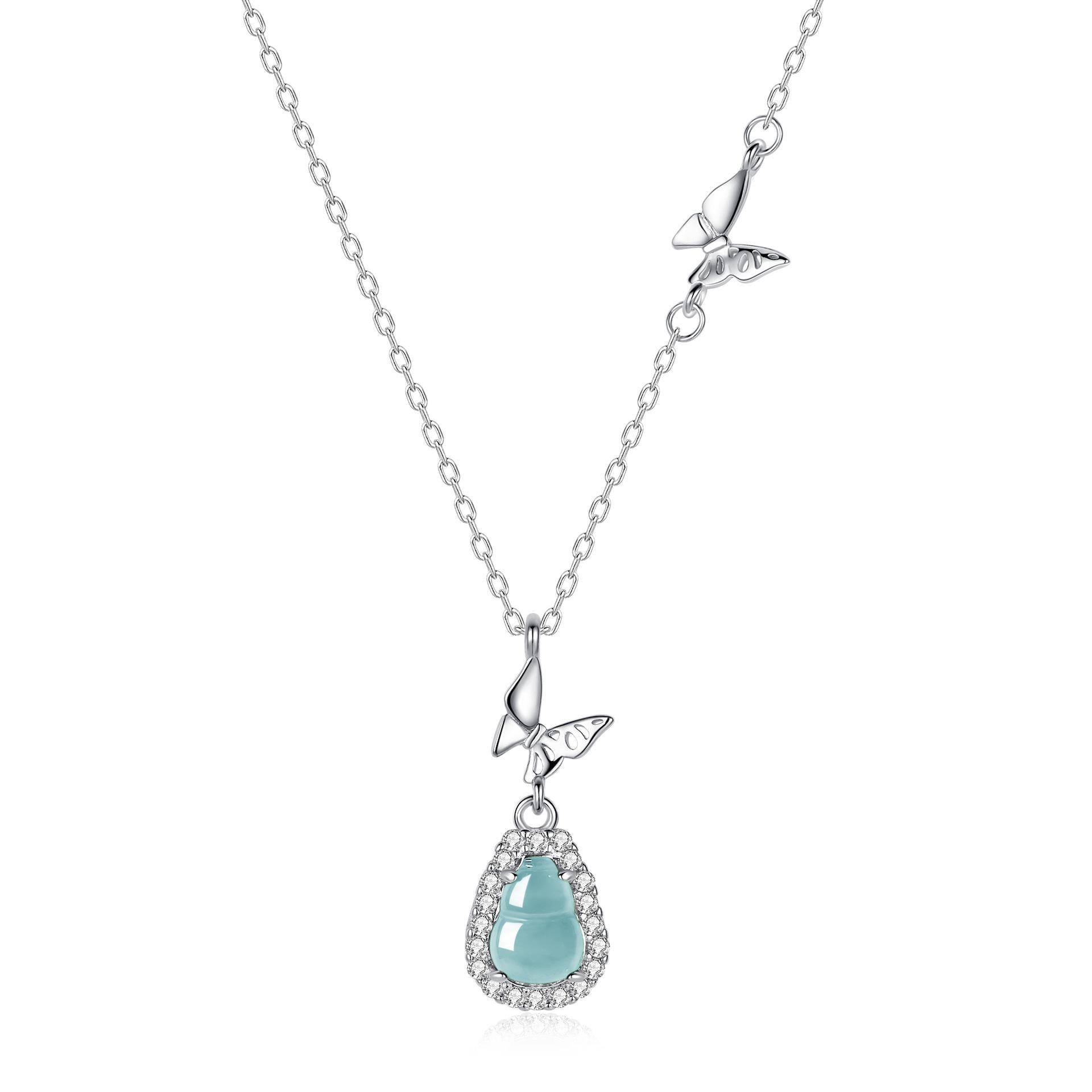 New Chinese natural dangerous material jadeite butterfly necklace S925 sterling silver inlaid yang green blue water gourd pendant collarbone chain 925 silver