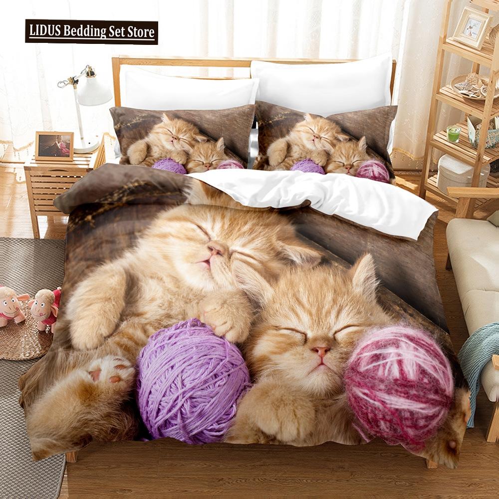 Katzen Bettbezug Set Queen King Size Für Jungen Mädchen Niedlicher Tierdruck Bettwäsche Set Schlafzimmer Haustier Thema Polyester Bettdeckenbezug