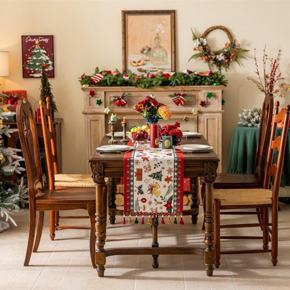 Christmas Snowman Jacquard Table Runner with Fringe Polyester Home Decor Tablecloth Bedspread