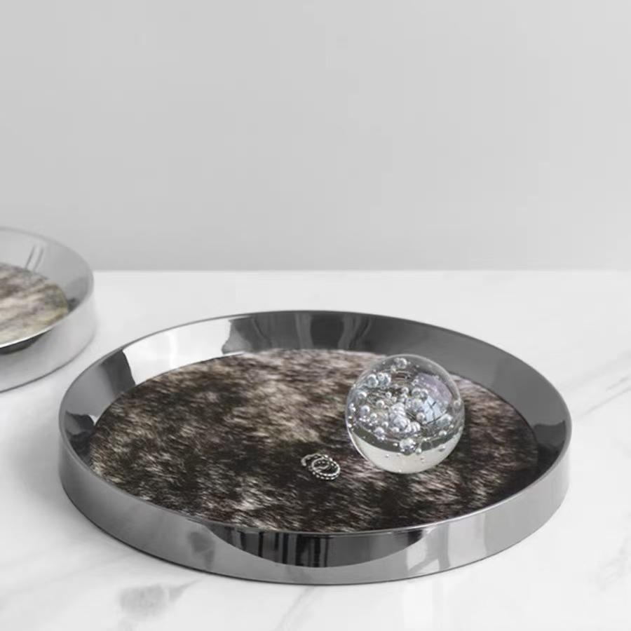 Nordic Luxury Stainless Steel Tray Round, Simulated Horsehair Storage Tray, Jewelry Storage Tray, Living Room Decoration