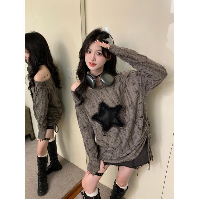 

Yabi Culture Кардиган с открытыми плечами в стиле Y2K, милый и пикантный, рваный, с длинными рукавами и защитой от солнца L