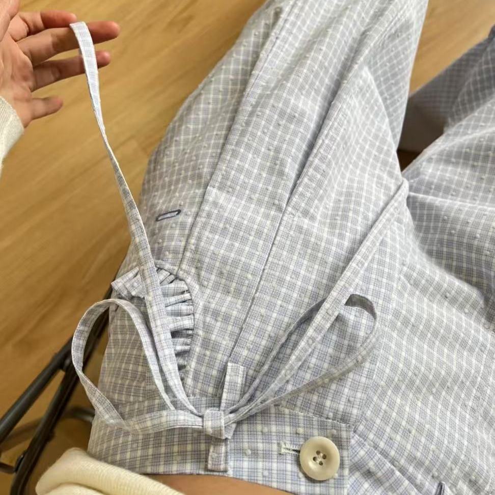 

Женские весенне-летние брюки в ленивом стиле, синие в клетку, с оборками, с высокой талией, свободные, с широкими штанинами, длиной до пола XL синий