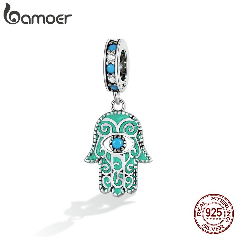 

BAMOER модная подвеска «Рука Фатимы» из стерлингового серебра 925 пробы с синей бирюзой, подходит для серебряного браслета и браслета, ювелирные изделия 925 silver