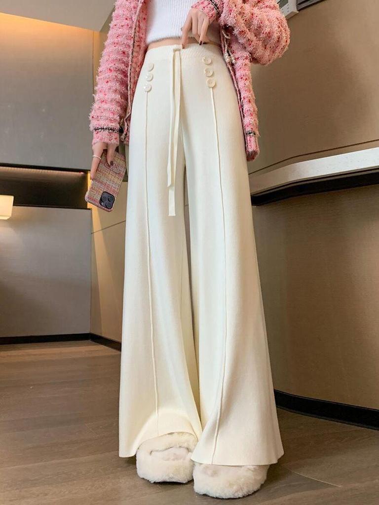 2025 Women's High-Waisted Slimming Wide-Leg Knitted Pants - Autumn/Winter Style, Loose Fit, Straight-Leg Design