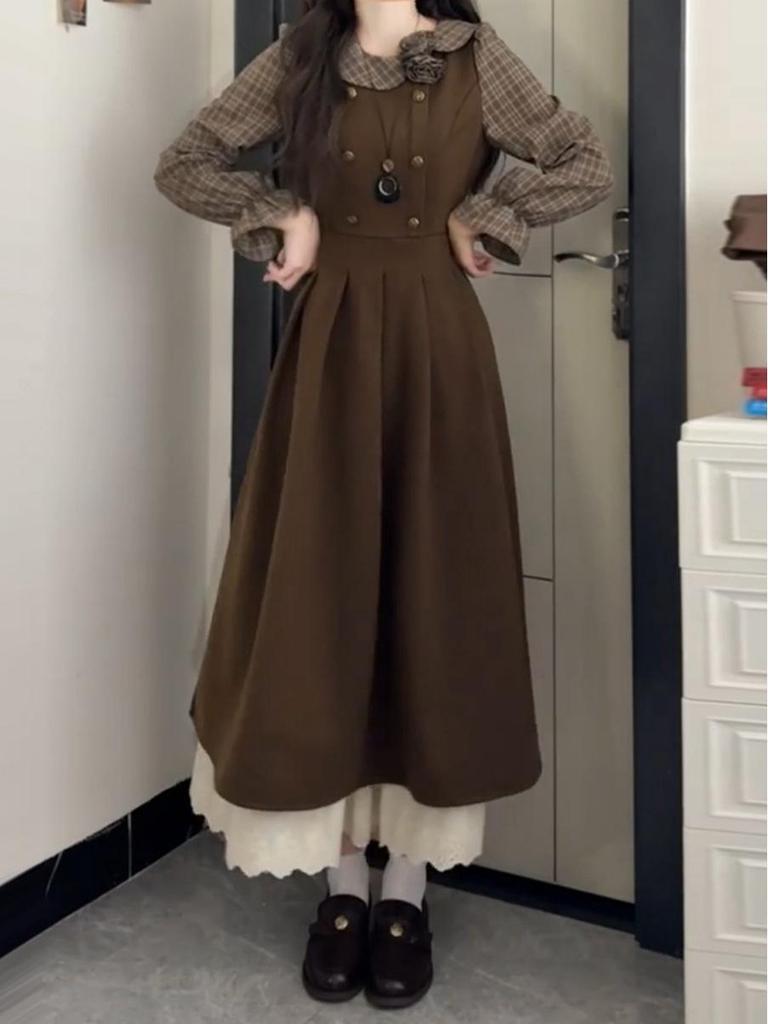 Elegant French Retro Faux Two-Piece Long Sleeve Dress - Women's High-End Slimming Waist-Cinched Autumn Winter 2025 Fashion