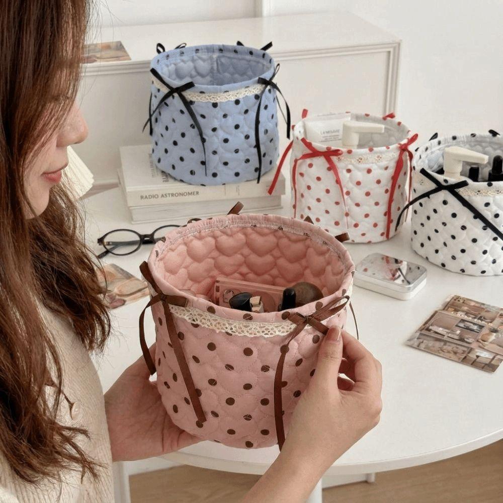 Bow Decor Storage Basket Polka Dot Car Organizer Basket Cute Car Storage Bin Toy Sorting