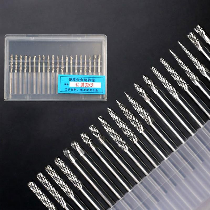 20 Pcs/Set Rotary Burr Set 3mm 1/8'' Shank Tungsten Steel Grinder Bits Engraving Bits Power Tool Accessories for Carving