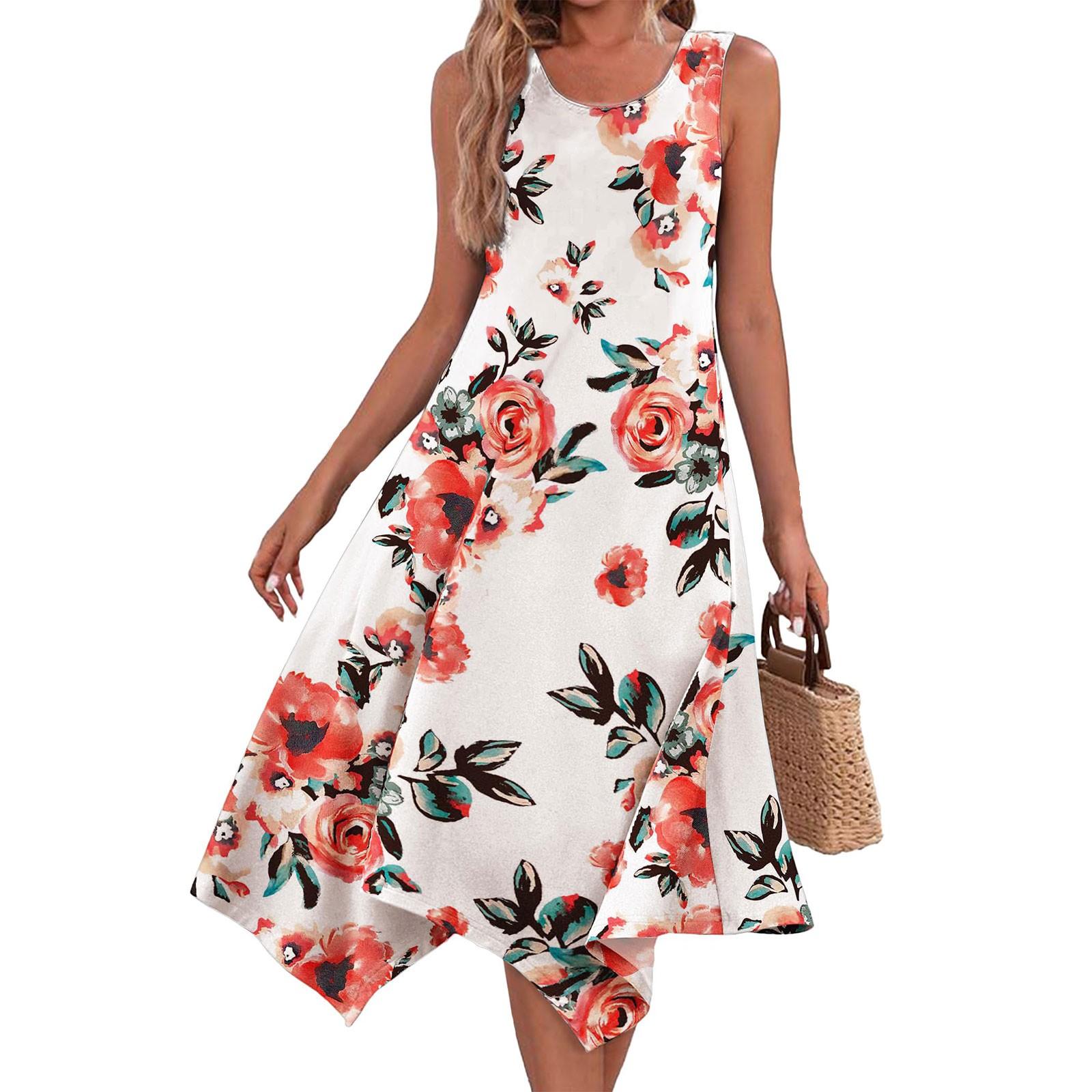

Женское повседневное модное платье миди без рукавов с круглым вырезом и нерегулярным подолом с цветочным принтом XL белый