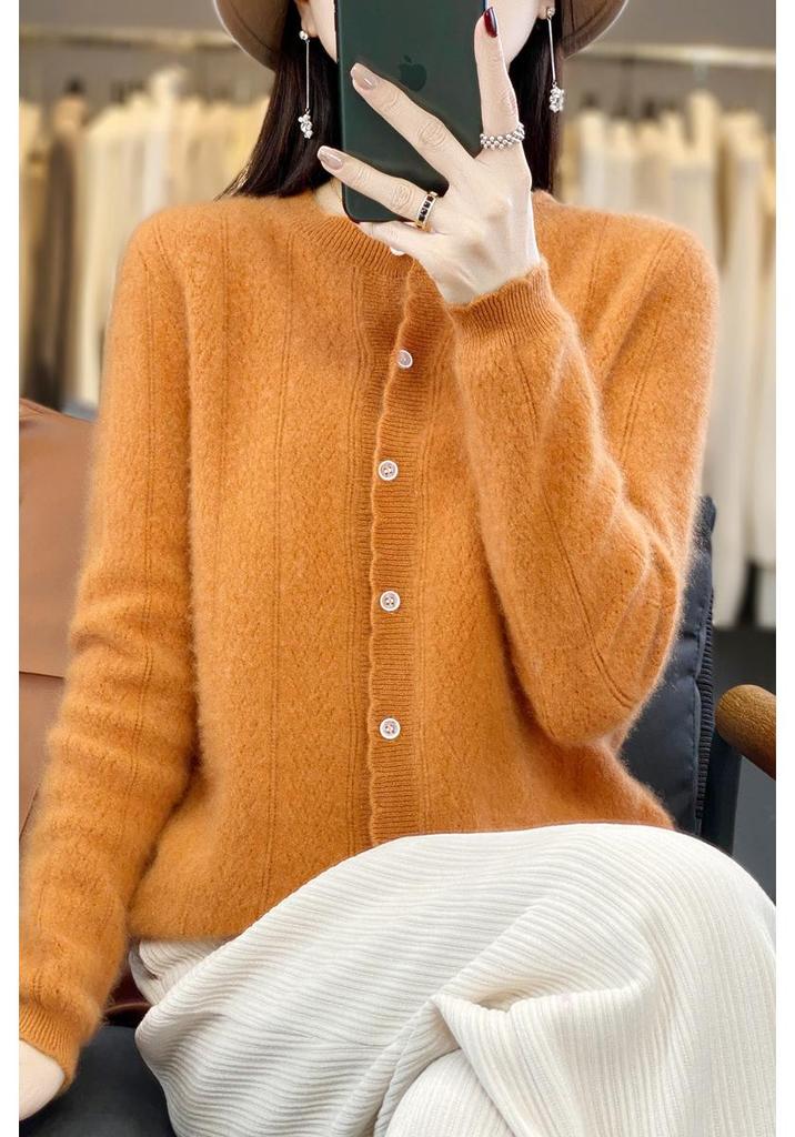 Women's Loose Knit Pure Wool Cardigan - Wheat Ear Design for Autumn Winter