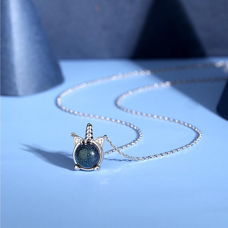 

Blue Sandstone Unicorn Necklace - Natural Gemstone Clavicle Chain with S925 Silver Pendant for Women 925 Silver