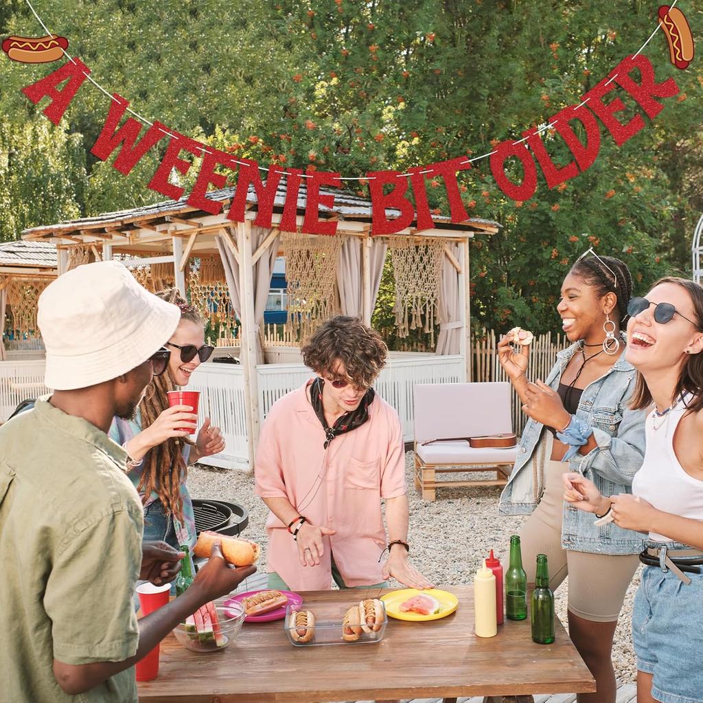 A Weenie Bit Older Banner - Hot Dog Birthday Decor, Retro BBQ Cookout Theme Birthday Party Decorations Red Glitter