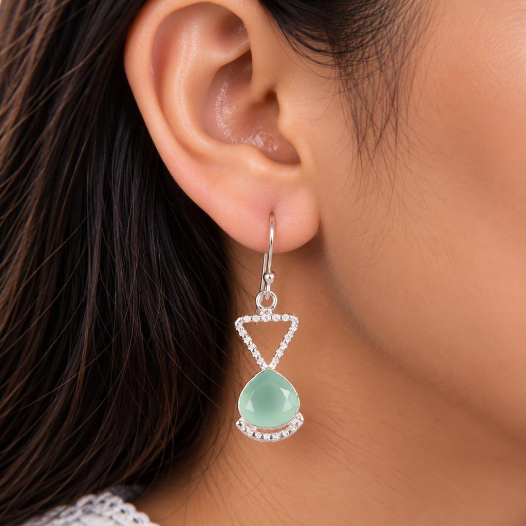 Aqua Chalcedon Edelstein 925 Sterling Silber Handgefertigte Hängeohrringe 1,62" Einzigartiges Geschenk Für Sie EE-93-14