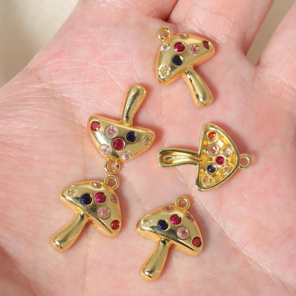 Multicolor Zirconia Mushroom Charms Golden Plated Copper Jewelry DIY Parts