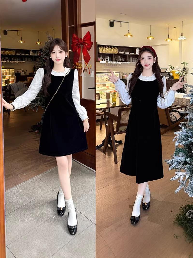 Plus Size Women s Hepburn Style Lace Patchwork Long Sleeve Winter Dress 2025 3XL