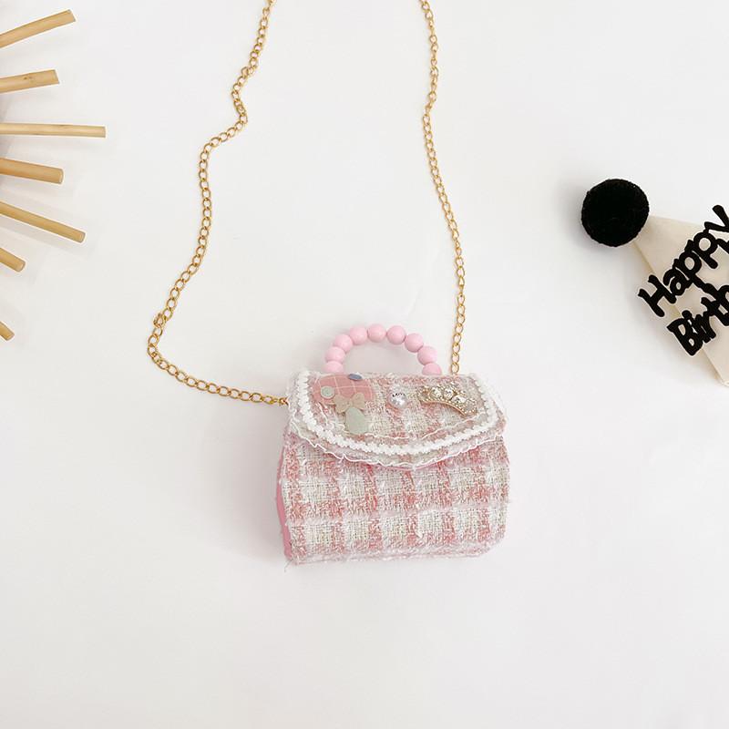 Adorable Mini Princess Handbag With Charming Pearl Chain For Kids Stylish Accessories Crown Check Pink