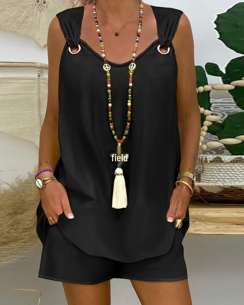 2024 Elegant Solid Color Women's Sleeveless Top & Shorts Set - European & American Style