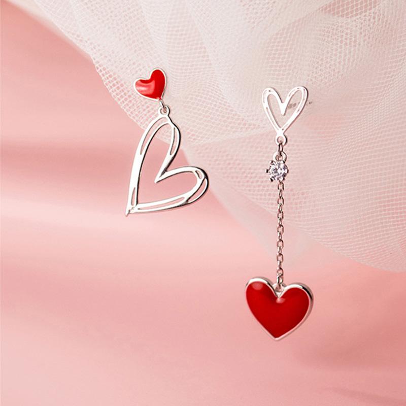 925 Silver Red Asymmetric Love Heart Earrings Sweet Peach Jewelry For Women Wedding Party Fashion
