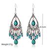Bohemian Ethnic Style Antique Silver Color Alloy Hollow Acrylic Resin Gems Water Droplet Tassel Earrings Women Vacation Jewelry