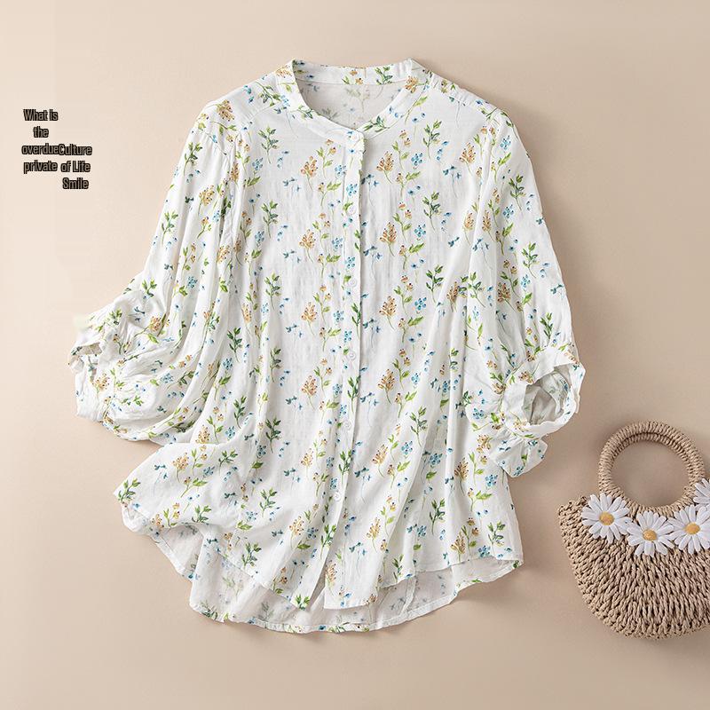 

2026 Summer Korean Style Floral Cotton-Linen Batwing Sleeve Top for Ladies Double Extra Large цветочный/белый