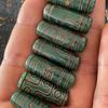Tibetan Dzi Green Chalcedony Barrel Beads Locket with Patterned Pendant, 30cm Long