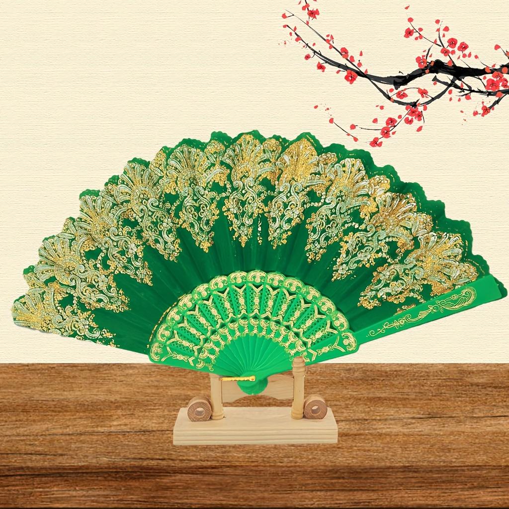 1pc Bronzing Flower Pattern Folding Fan Chinese Style Silky Fan Ancient Costume Accessories Dance Performance Props