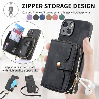 Lanyard Leather Flip Phone Case for iPhone 14 Plus 13 Mini 12 11 SE 2022 X XR XS Max 8 7 for Samsung Galaxy S23 Ultra A54 A34 Zipper Walle Card  Cover