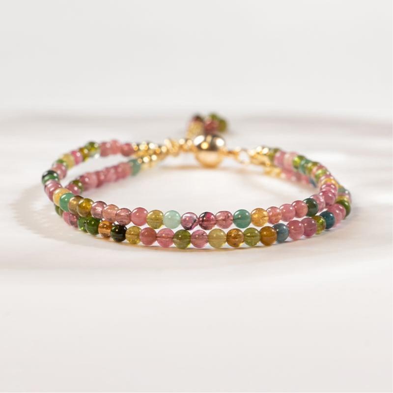 Double Layer Rainbow Natural Tourmaline Thin Copper Bracelet with 3mm Multicolor Beads 17cm Elegant Design for Women