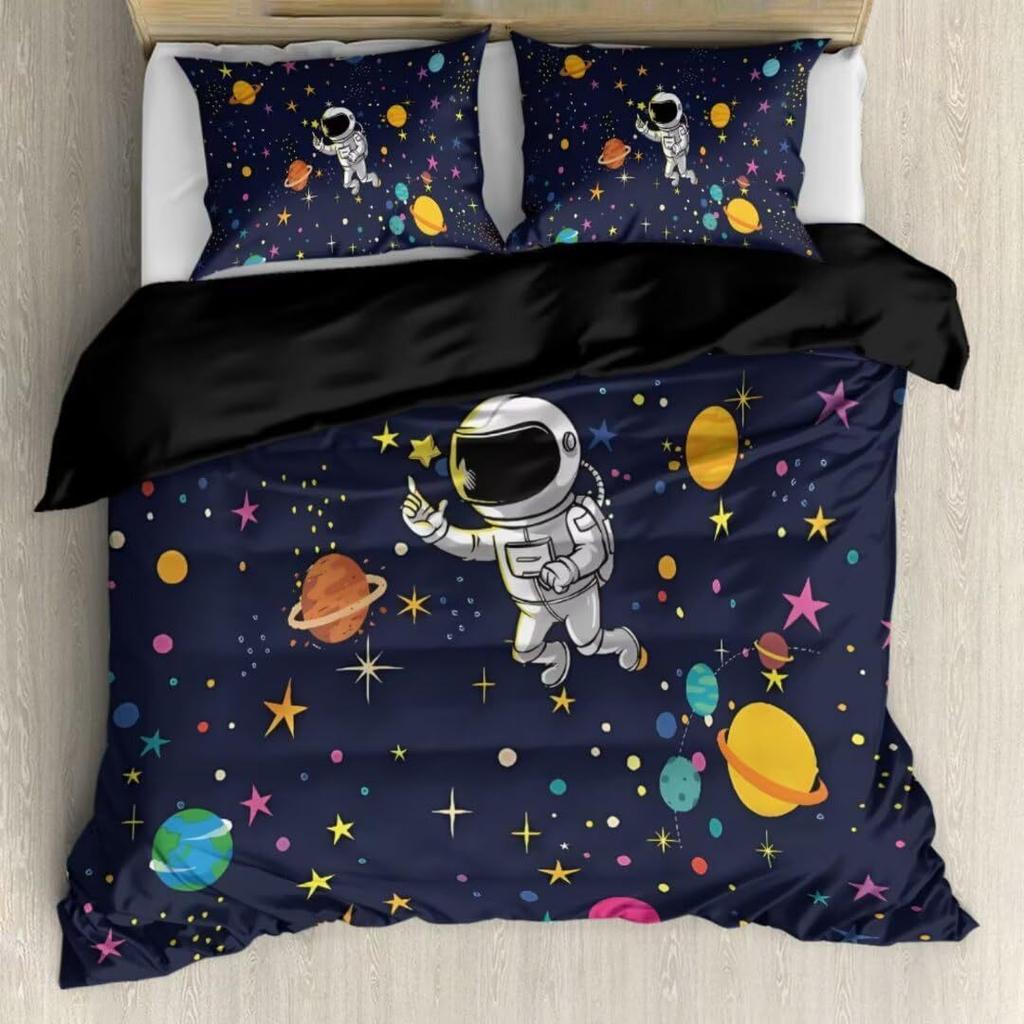 Three-Piece Space Astronaut Pattern Printed Duvet Set Suitable For Children'S Bedroom Decoration