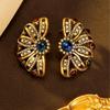 Vintage Colored Rhinestone Inlaid With Flower Earrings Light Luxury Retro Style Medieval Hollowed Out