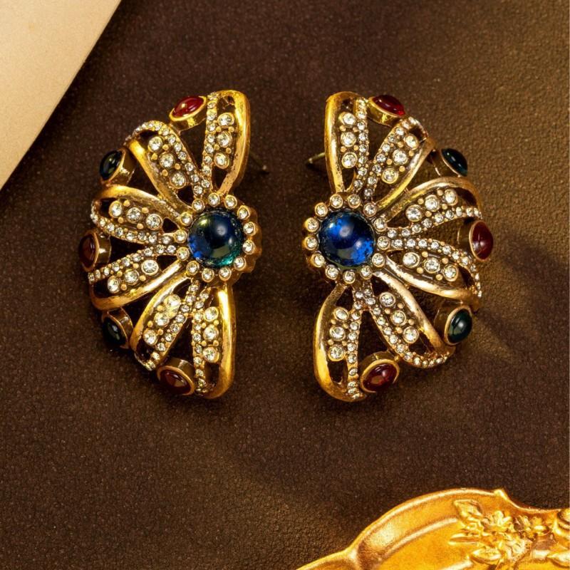 Vintage Colored Rhinestone Inlaid With Flower Earrings Light Luxury Retro Style Medieval Hollowed Out