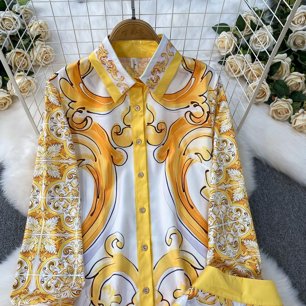 Spring Autumn Vintage Designer Print Runway Trouser 2 Piece Set Women Turn-down Collar Shirt And Elastic Waist Pocket Pant Suit