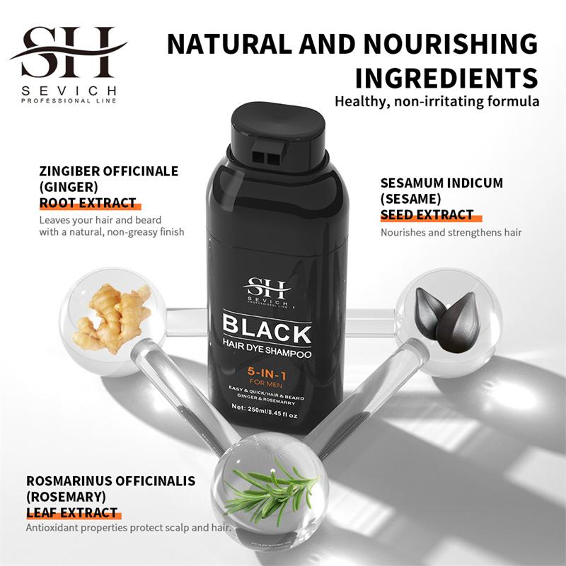 250 ml schwarzes Haarfärbeshampoo, 5-in-1, natürliches Shampoo für schwarzen Bart, sofortiges Ingwershampoo für Männer, Reparatur weißer Haare, Pflege