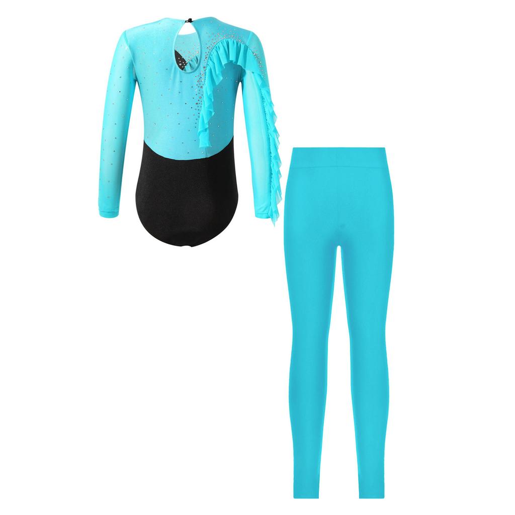 Kinder-Mädchen-Gymnastik-Tanz-Outfit, langärmelig, glänzendes Strass-Dekor, Rüschenbesatz, Trikot mit Leggings