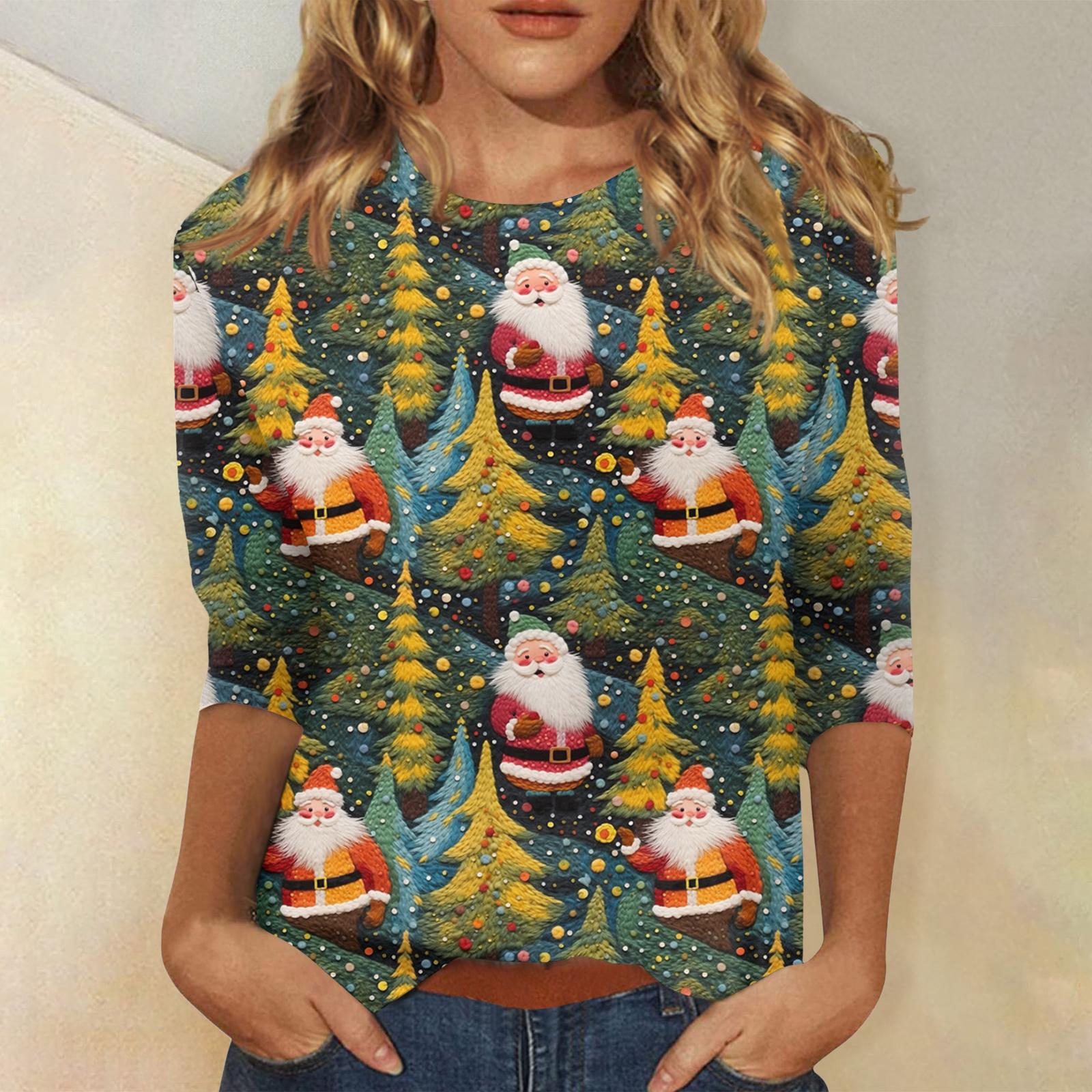 

Женская модная повседневная футболка с рукавом три четверти и рождественским принтом, с круглым вырезом L армия зеленый