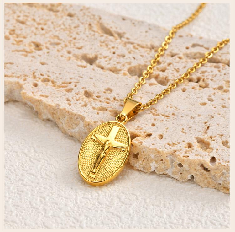 Stainless Steel Jesus Cross Oval Pendant Necklace for Women, Anti Tarnish Religious Prayer Communion Jewelry Gift