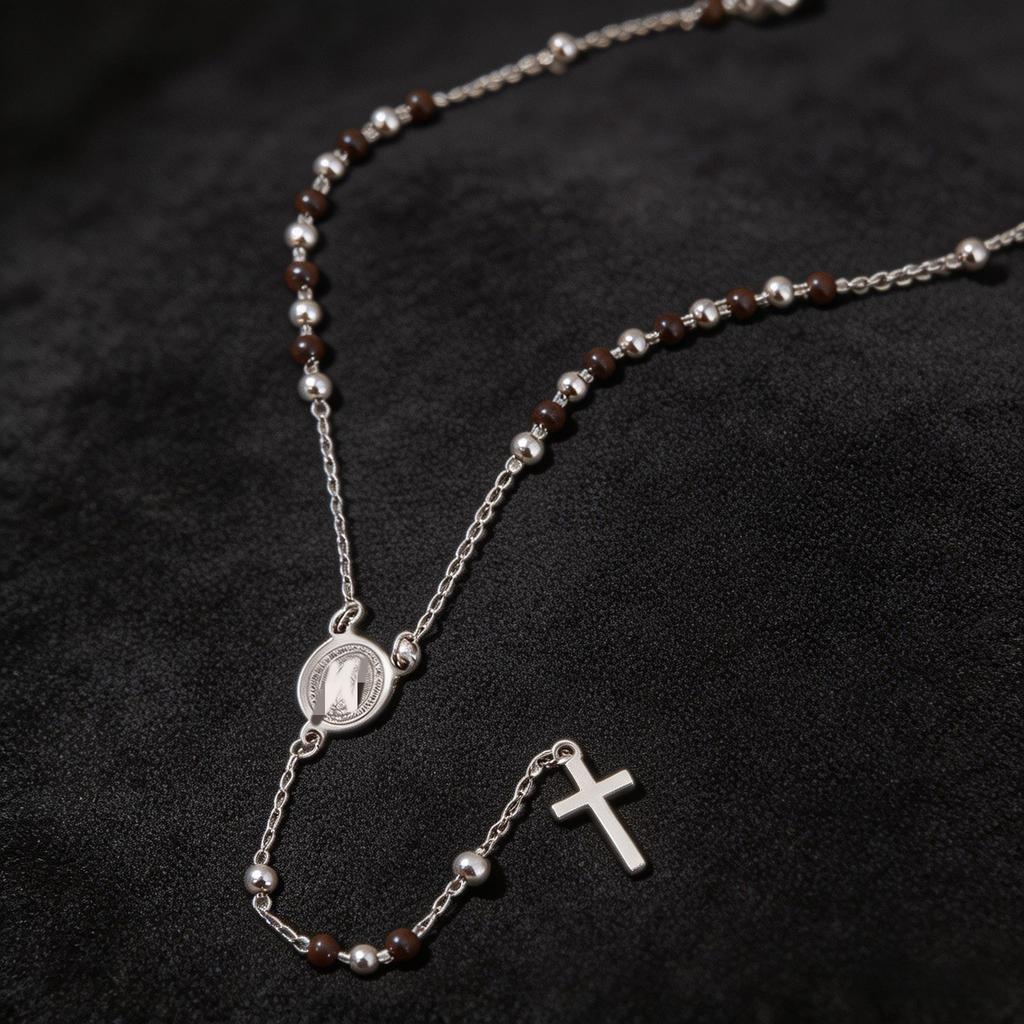 Women Vintage Rosary Necklace, Stainless Steel Virgin Mary Medal Cross Beaded Chain Fashion Jewelry