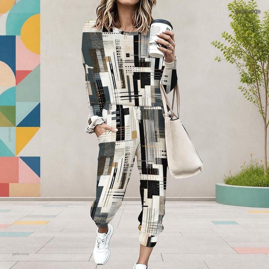 Women Plus Size Printed Round Neck Long Sleeve Cuffed Top Cuffed Pants Two Piece Set With Pockets