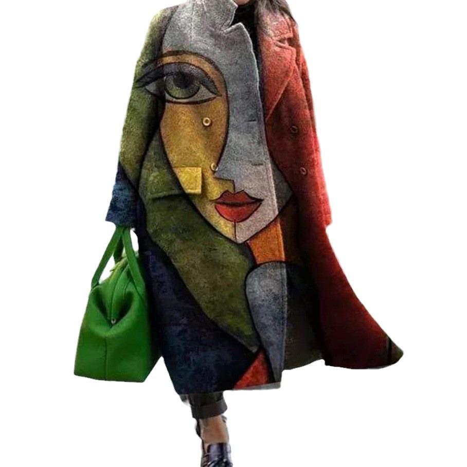 Europäischer und amerikanischer Damen-Wollmantel mit Druck in Übergröße mit Reverskragen und langen Ärmeln für den Herbst.