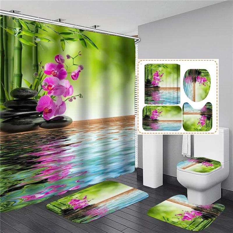 Full Set Bathroom Shower Curtain Set And Rugs Waterproof Fabric Furniture Accessory Zen Flow Water Bamboo For Bath Decoration