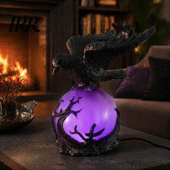 Unique Animal Lamp Gothic Raven LED Ball Lamp, Mysterious Crow On Orb Sculpture, Intricate Resin Sculpture Halloween Decorative Table for Bedside